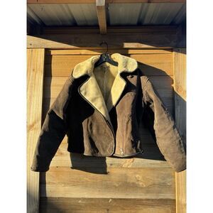 Synergy Genuine Leather Faux Shearling Heavy Warm Winter Moto Jacket‎ Brown M